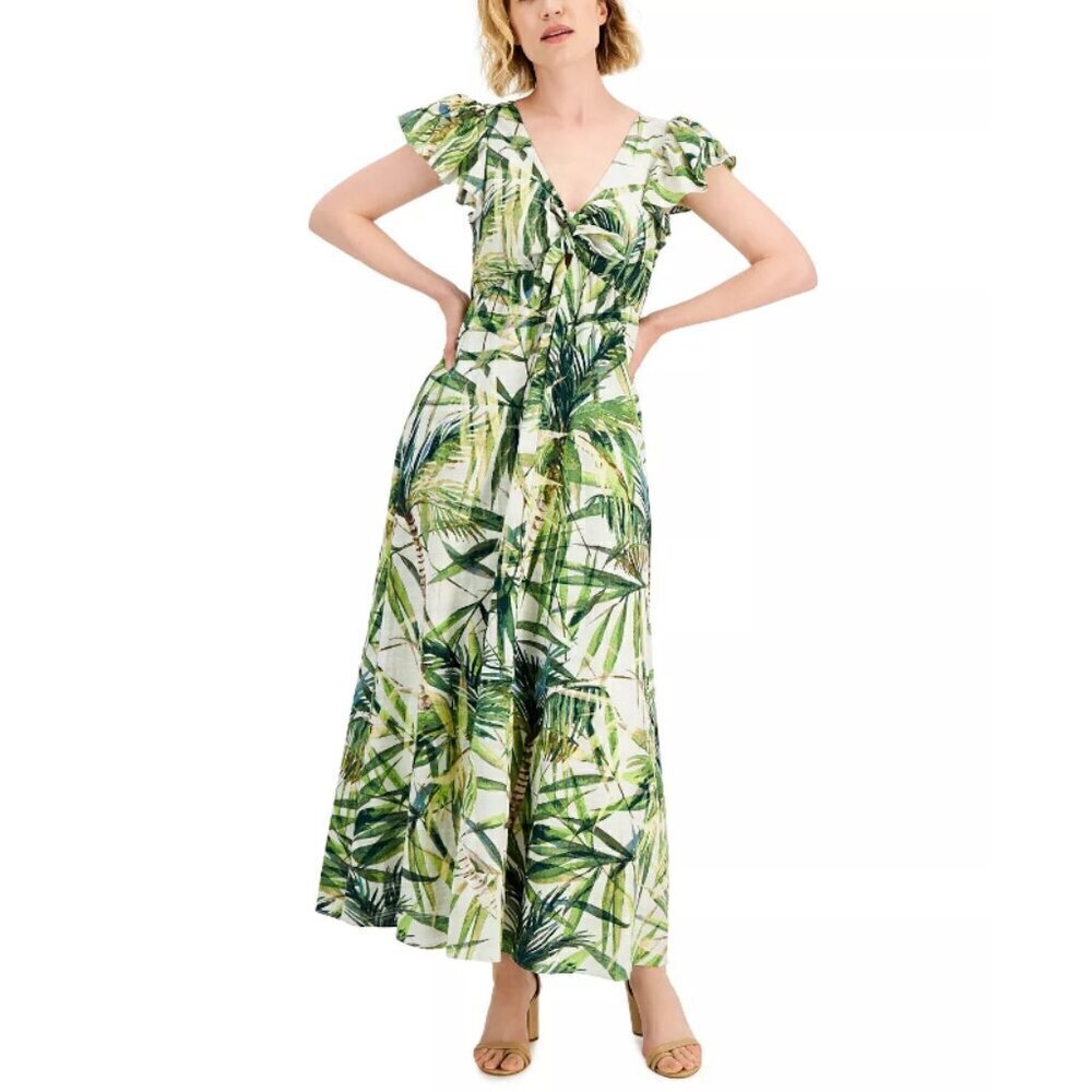 Taylor Size 2 Cotton Printed Bow-Tie Maxi Dress, Green & White NWT